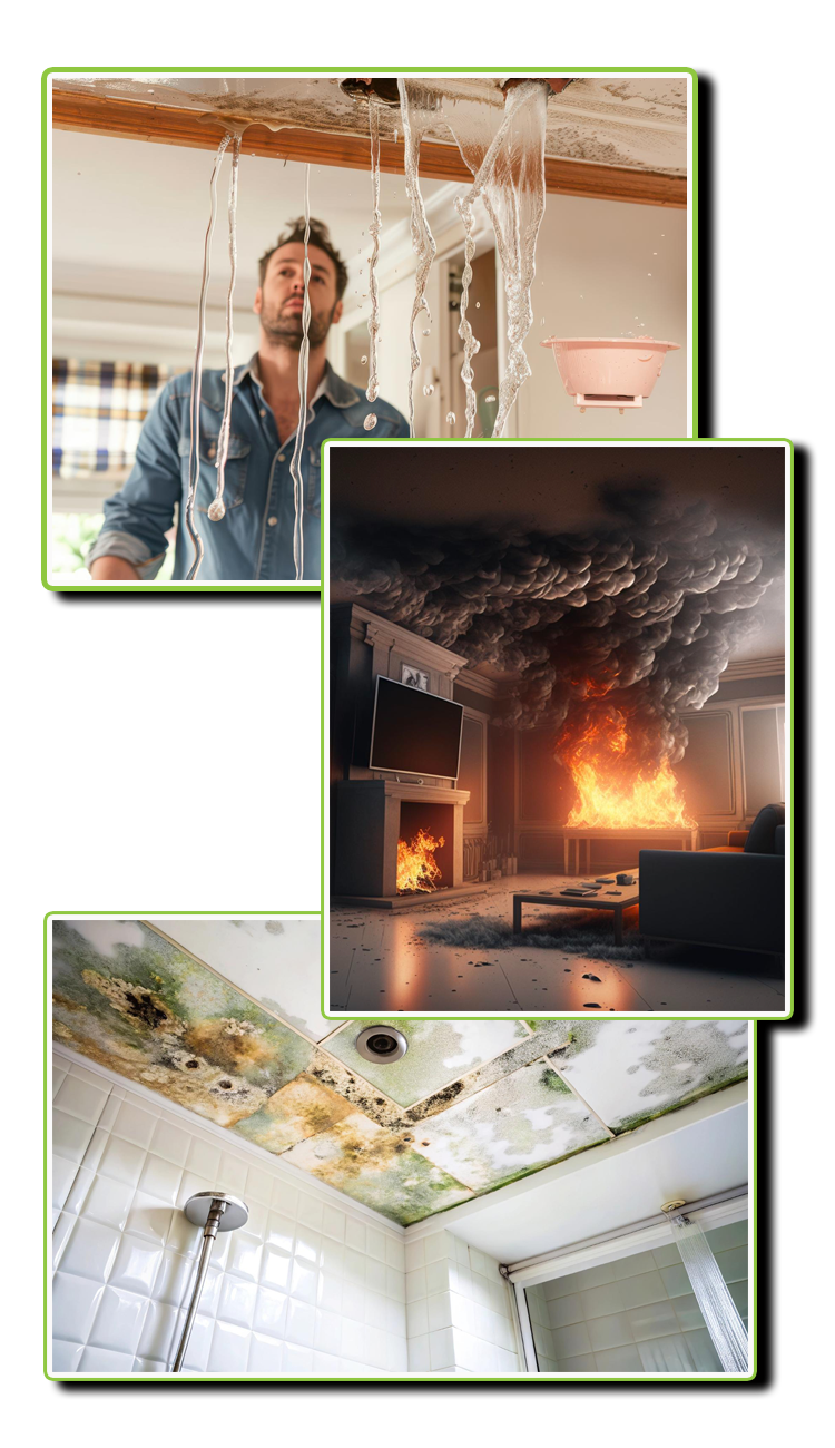 A representation of water damage, fire damage, mold damage