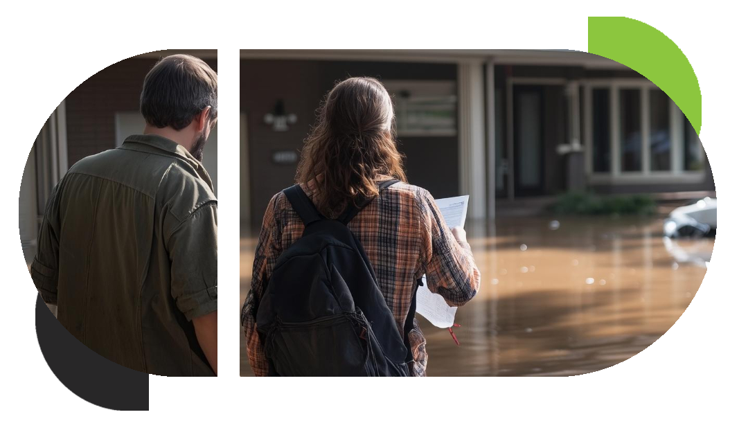 a family looks at the flooded waters that have entered their home
