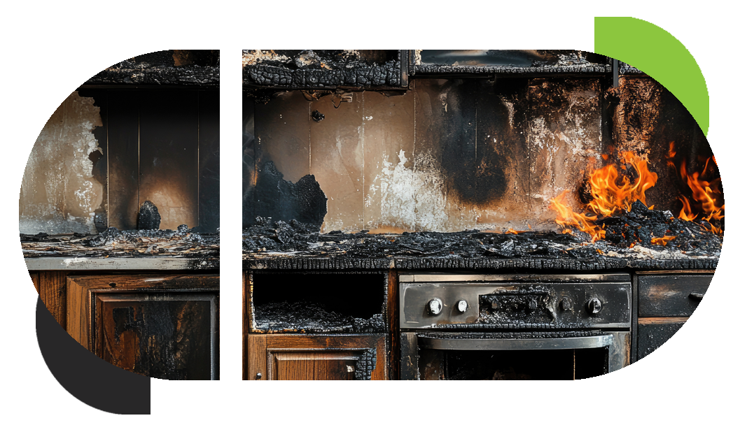 A kitchen full of fire and soot damage needing fire damage restoration