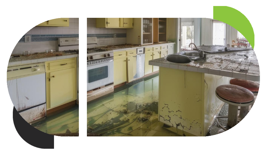 A kitchen is damaged by water overflow