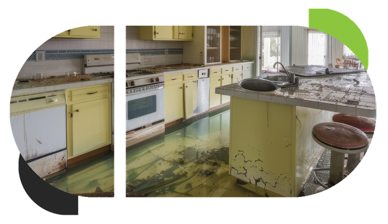 A kitchen is damaged by water overflow