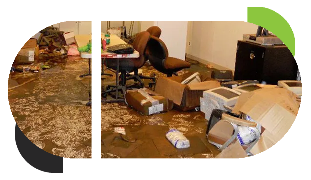 A mess in the basement living space after a sewage backup