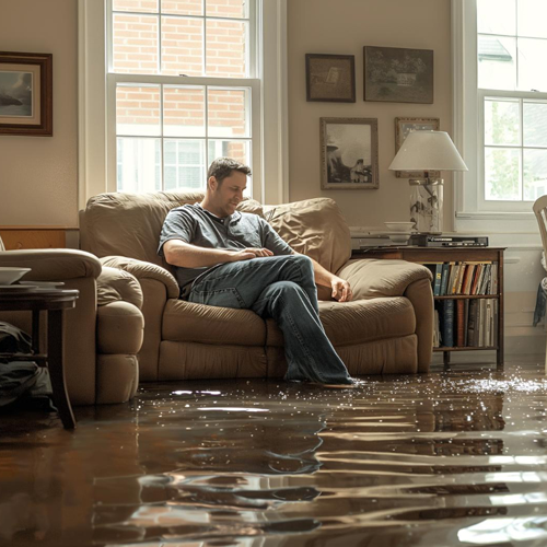 Man sitting in a living room full of water needing water damage restoration