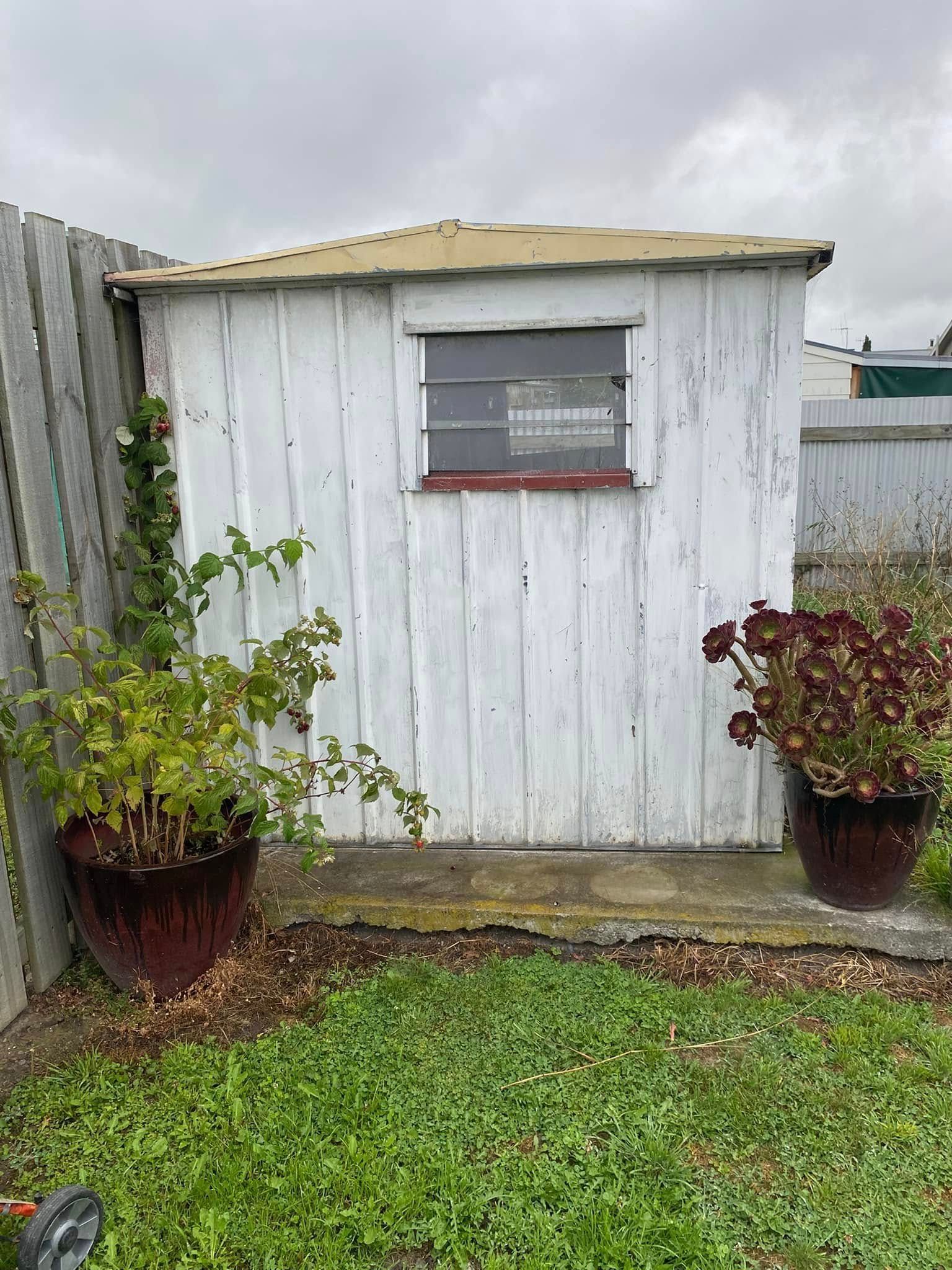 White shed with a window, flanked by potted plants, sits next to a wooden fence on a cloudy day.