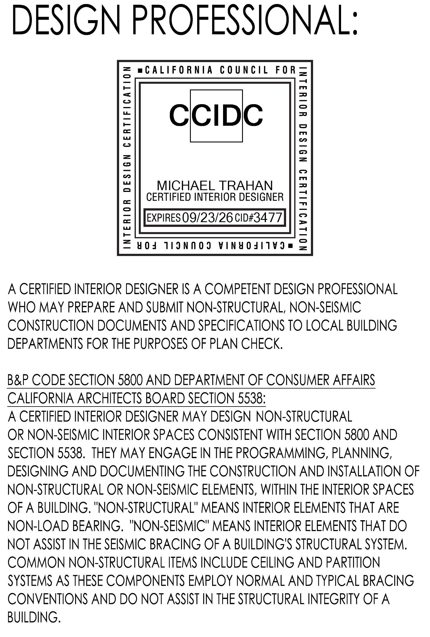 Michael Trahan Certified Interior Designer Certificate