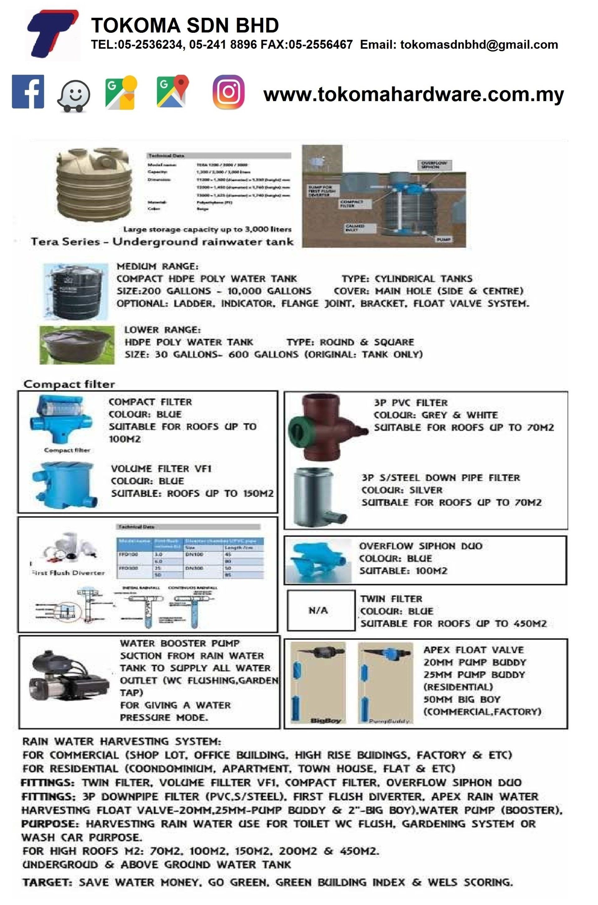 RAIN WATER HARVESTING SYTEM (A) ABOVE GROUND (B) UNDERGROUND (C) ROOF TOP (BRAND WEIDA MUI FATT CONLEX DOS POLY STOR APEX VALVE)