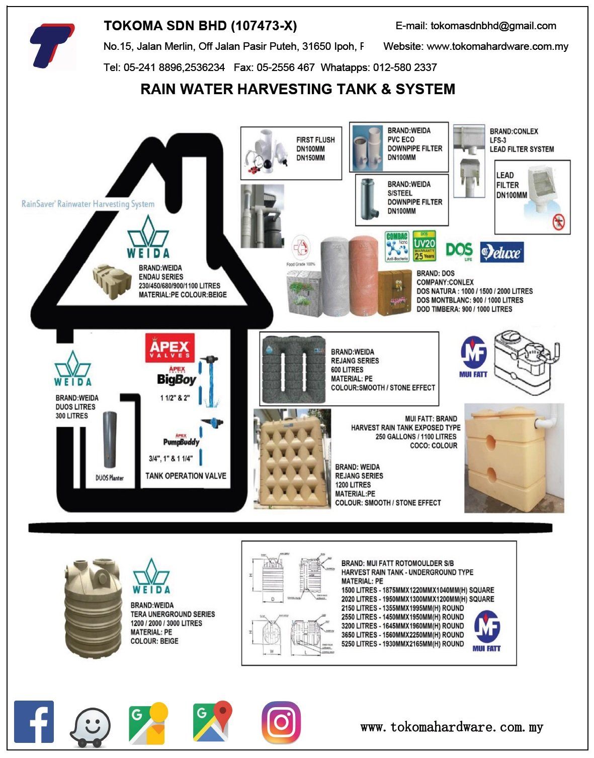RAIN WATER HARVESTING SYTEM (A) ABOVE GROUND (B) UNDERGROUND (C) ROOF TOP (BRAND WEIDA MUI FATT CONLEX DOS POLY STOR APEX VALVE)