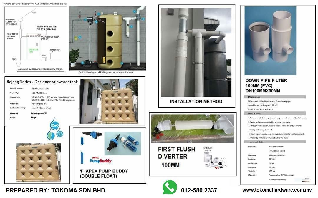 RAIN WATER HARVESTING SYTEM (A) INSTALLATION METHOD (B) REJANG TANK 600 & 1200 LITRES (C) FIRST FLUSH (D) LEAF FILTER (E) DOWN PIPE FILTER (F) APEX FLOAT VALVE (BIG BOY & PUMP BUDDY)