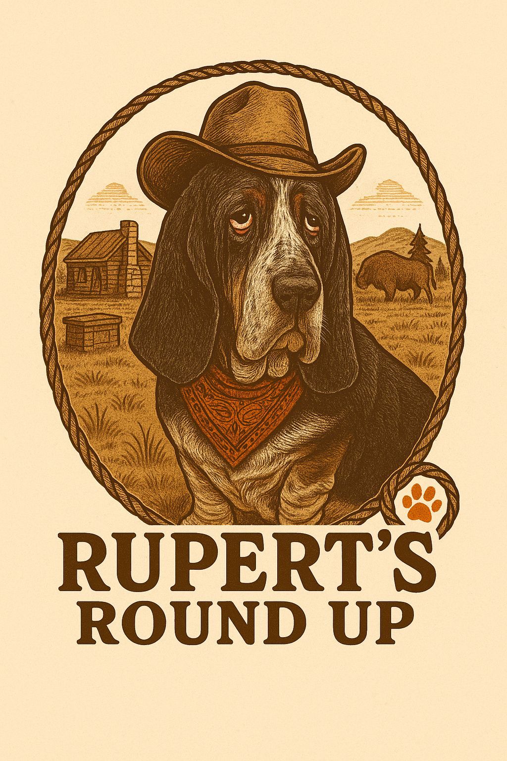 A basset hound wearing a cowboy hat and bandana.