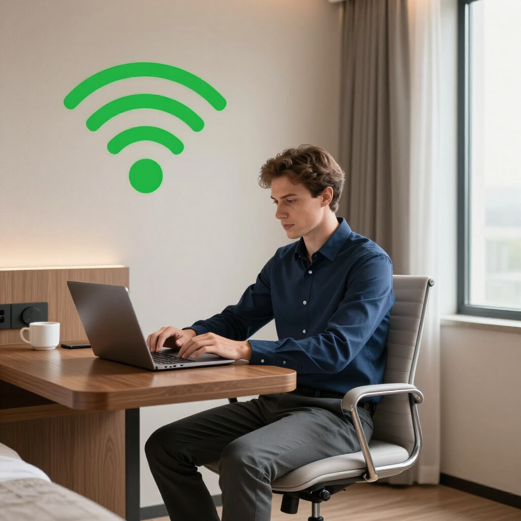 Person working on a laptop at a desk in an office, with a green Wi‑Fi symbol on the wall.