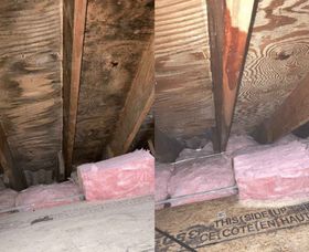 Moldy attic with exposed beams, insulation, and plywood. The beams show water damage.