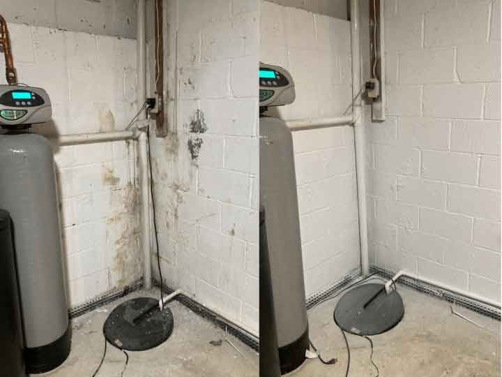 Before and after of a basement corner with a water tank. Walls are cleaned and painted white.