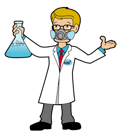 Cartoon scientist holding a flask, wearing a mask, with an open lab coat, and gesturing.