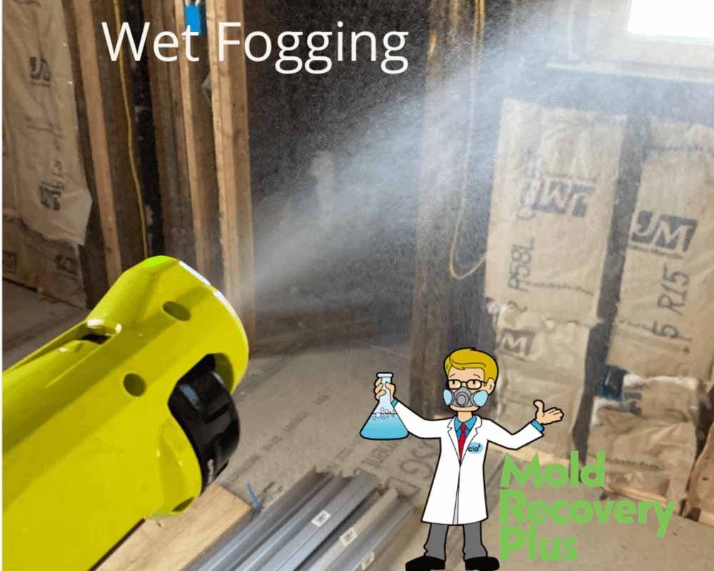 Wet fogging in a room; a cartoon scientist wears a mask and holds a flask near a yellow sprayer.