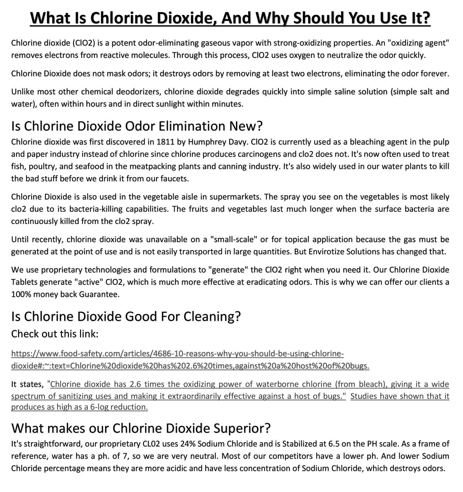 Text on chlorine dioxide: its uses, benefits, and how it eliminates odors, with links.