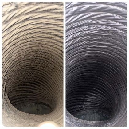 Before and after photos showing a cleaned and dirty flexible duct.