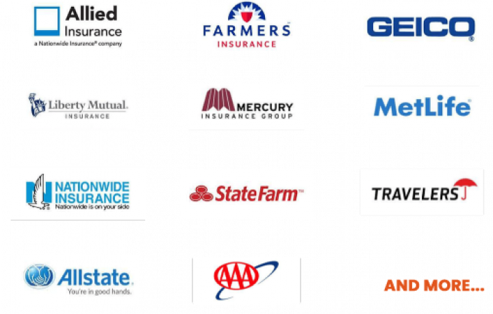 Logos of various insurance companies: Allied, Farmers, Geico, Liberty Mutual, Mercury, MetLife, Nationwide, State Farm, Travelers, Allstate, AAA.