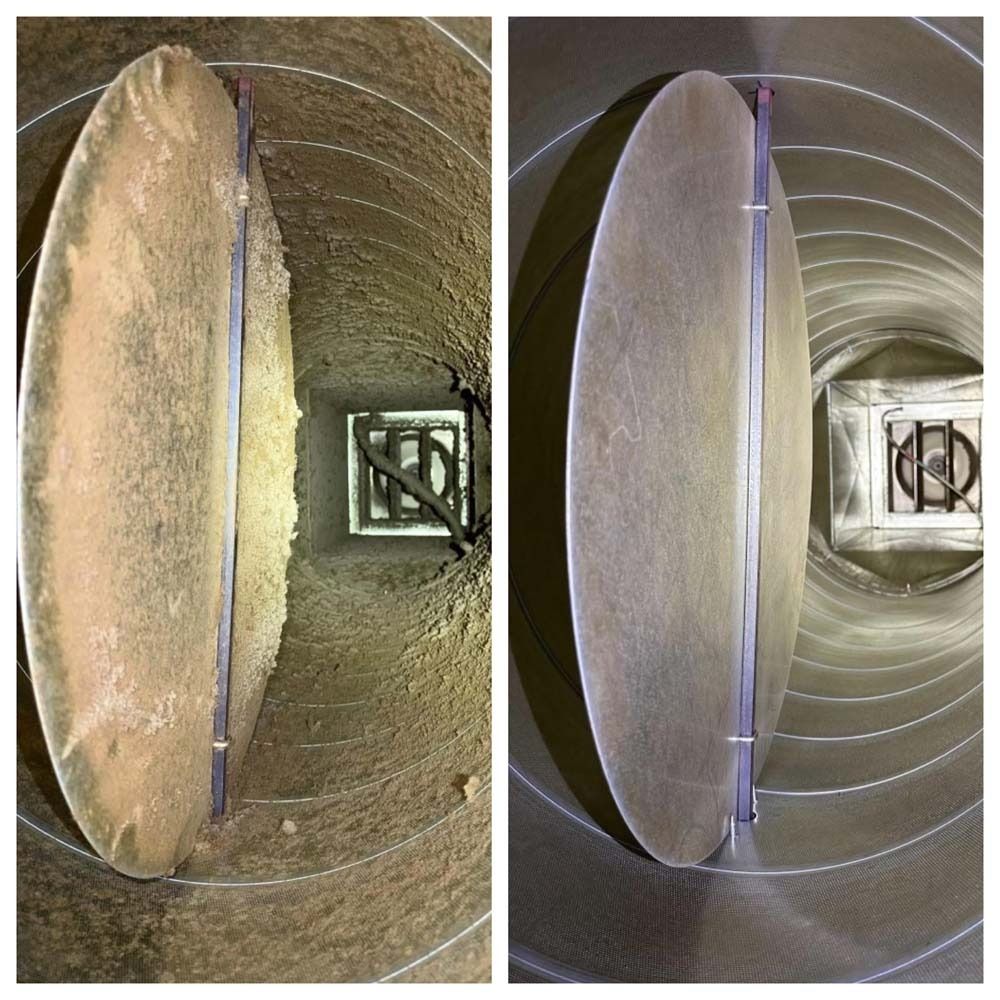 Comparison of a dusty, dirty filter (left) and a clean filter (right) inside a cylindrical structure.