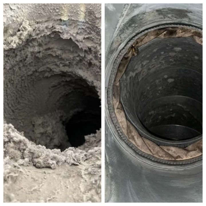 Two air ducts: one heavily clogged with dust, the other clean, showing insulation.