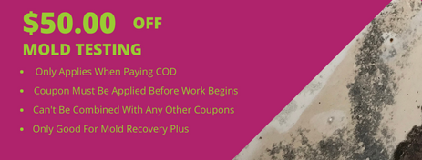 Coupon for $50.00 off mold testing. Includes conditions such as COD payment and is for Mold Recovery Plus only.