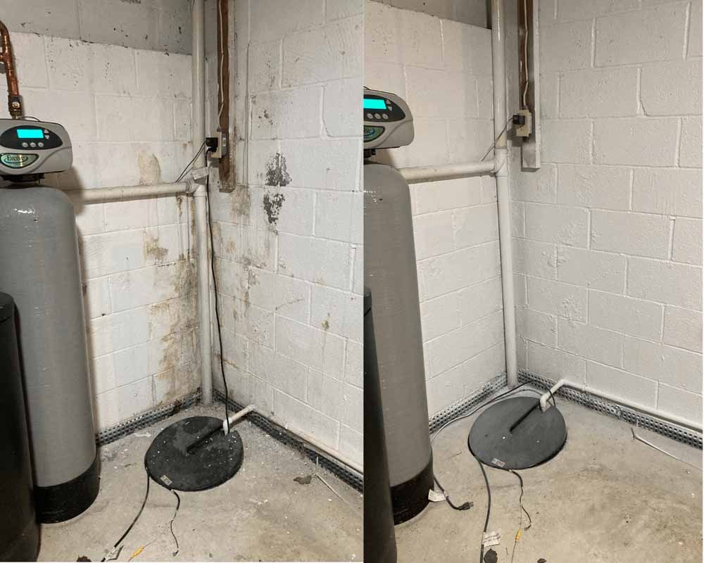 Two images side-by-side: before and after cleaning basement wall. Brown stains on left wall are removed.