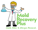 Cartoon scientist with mask, holding beaker; company logo: Mold Recovery Plus, mold removal services.