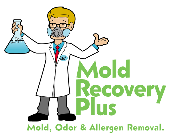 Cartoon scientist with mask, holding beaker; company logo: Mold Recovery Plus, mold removal services.