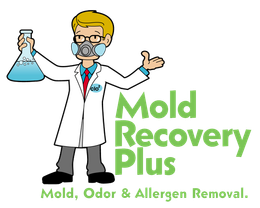 Cartoon scientist with mask, holding beaker; company logo: Mold Recovery Plus, mold removal services.