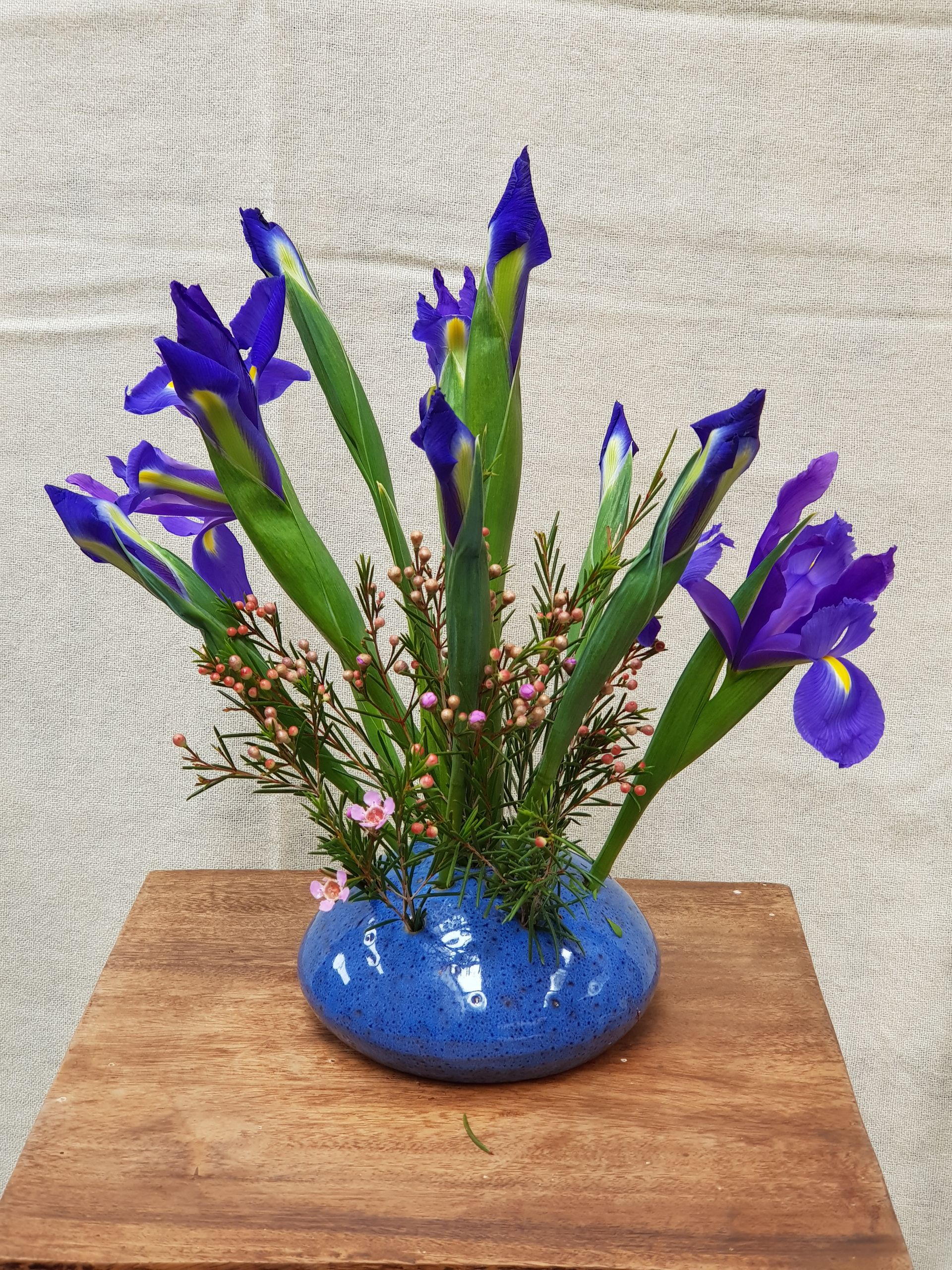 A blue PoseyPot filled with purple flowers is sitting on a wooden table.