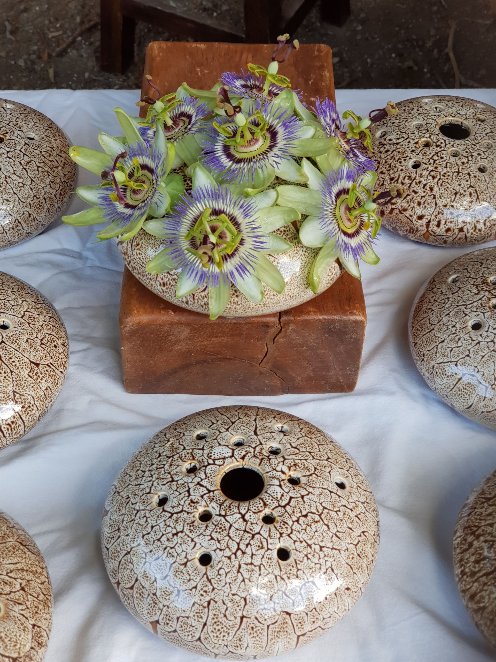 A bunch of PoseyPots with flowers in them on a table
