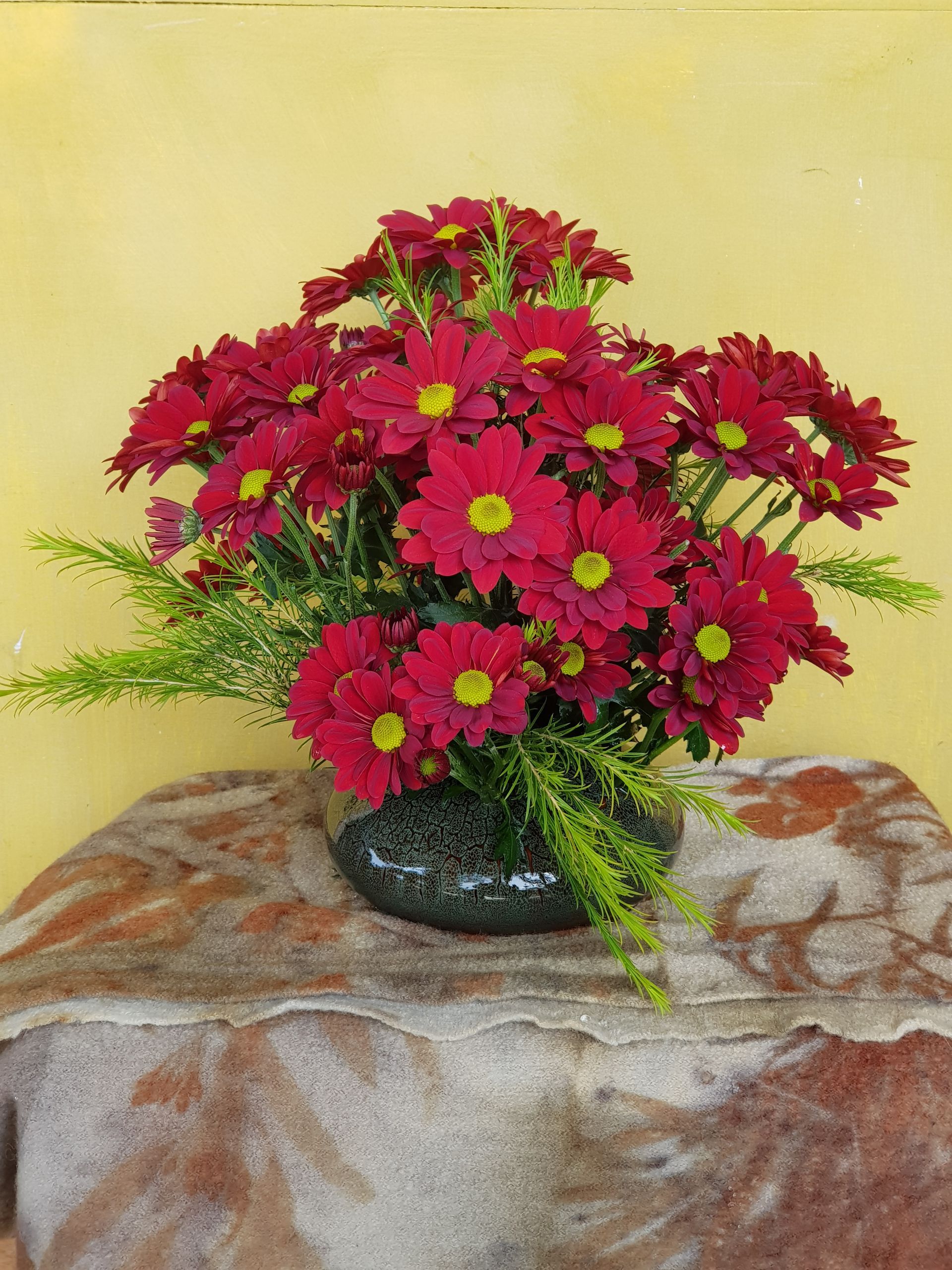 A PoseyPot filled with red flowers with yellow centers