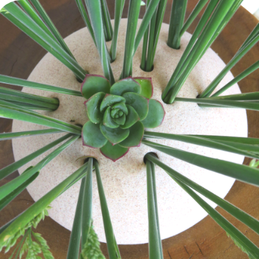 A cream colours PoseyPot with free stems and a green flower in the middle of it