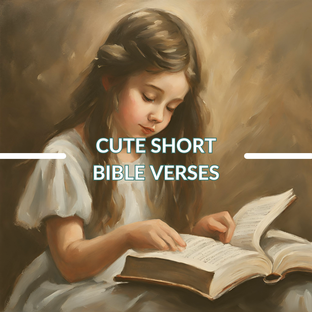Girl reading the bible and text saying Cute Short Bible Verses