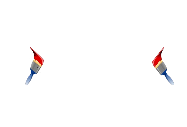 Two paintbrushes with red paint, blue handles, spread apart on a white background.