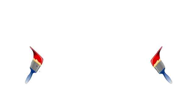 Two paintbrushes, red paint on bristles, blue handles, facing opposite directions.