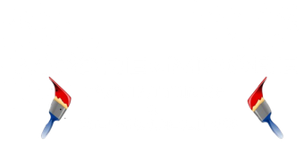 Two paintbrushes, red paint on bristles, blue handles, facing opposite directions.