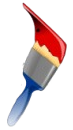 Paintbrush with red paint on bristles and blue handle.