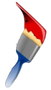 Paintbrush with red paint on bristles and blue handle.