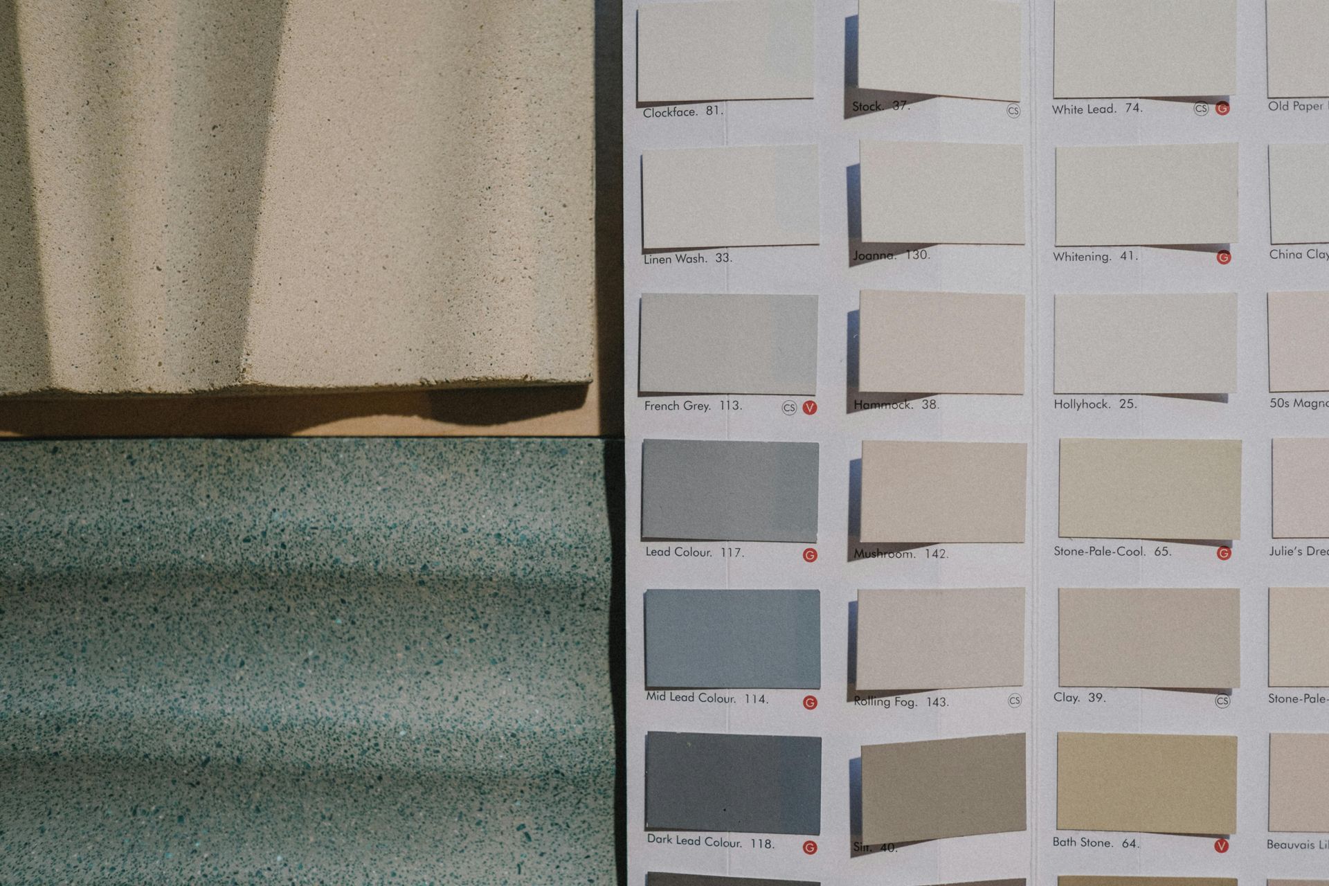 Texture samples with color swatches; beige stucco, teal wavy, and various neutral paint colors.