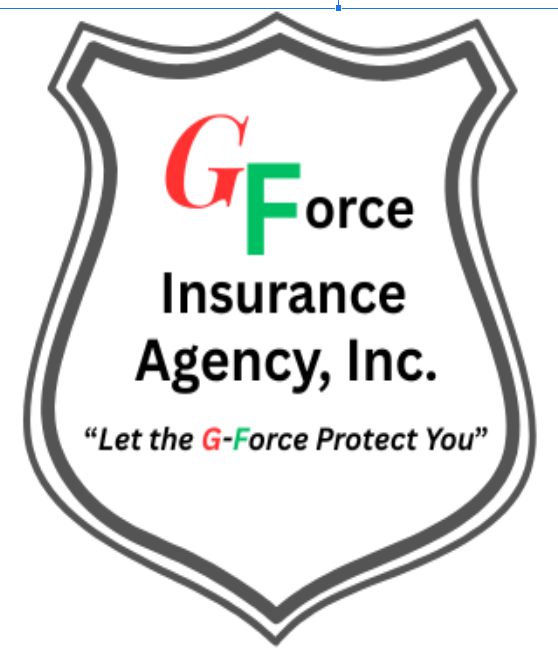 Logo for G-Force Insurance Agency: Shield with red "G" and green "Force" text, tagline "Let the G-Force Protect You".