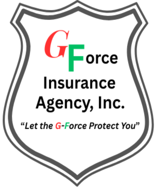 Logo for GForce Insurance Agency, Inc. in a shield shape, with "GForce" in red and green text.