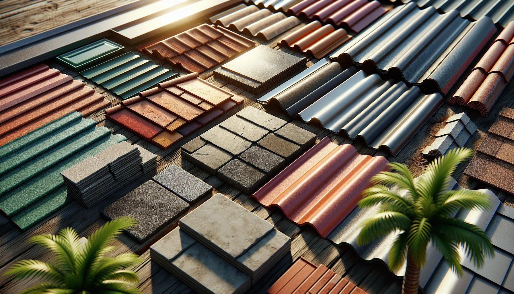 There are many different types of roof tiles and palm trees in the background.