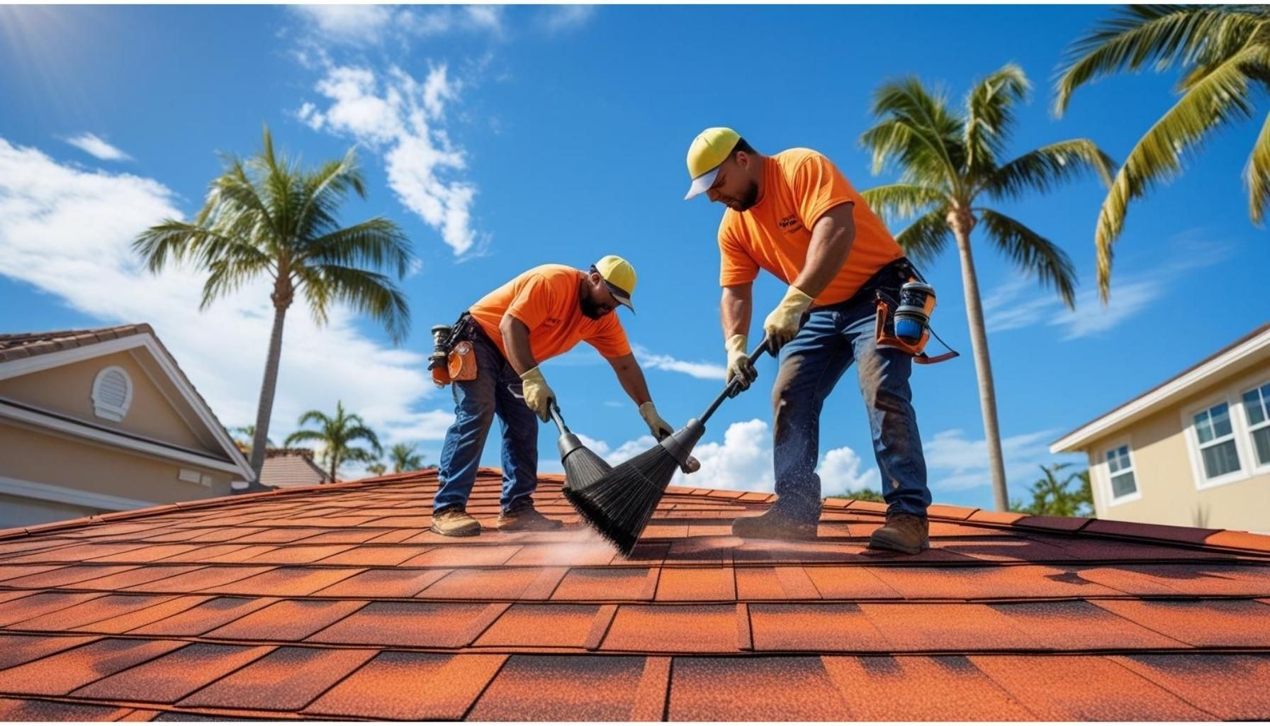 Two men are working on the roof of a house.