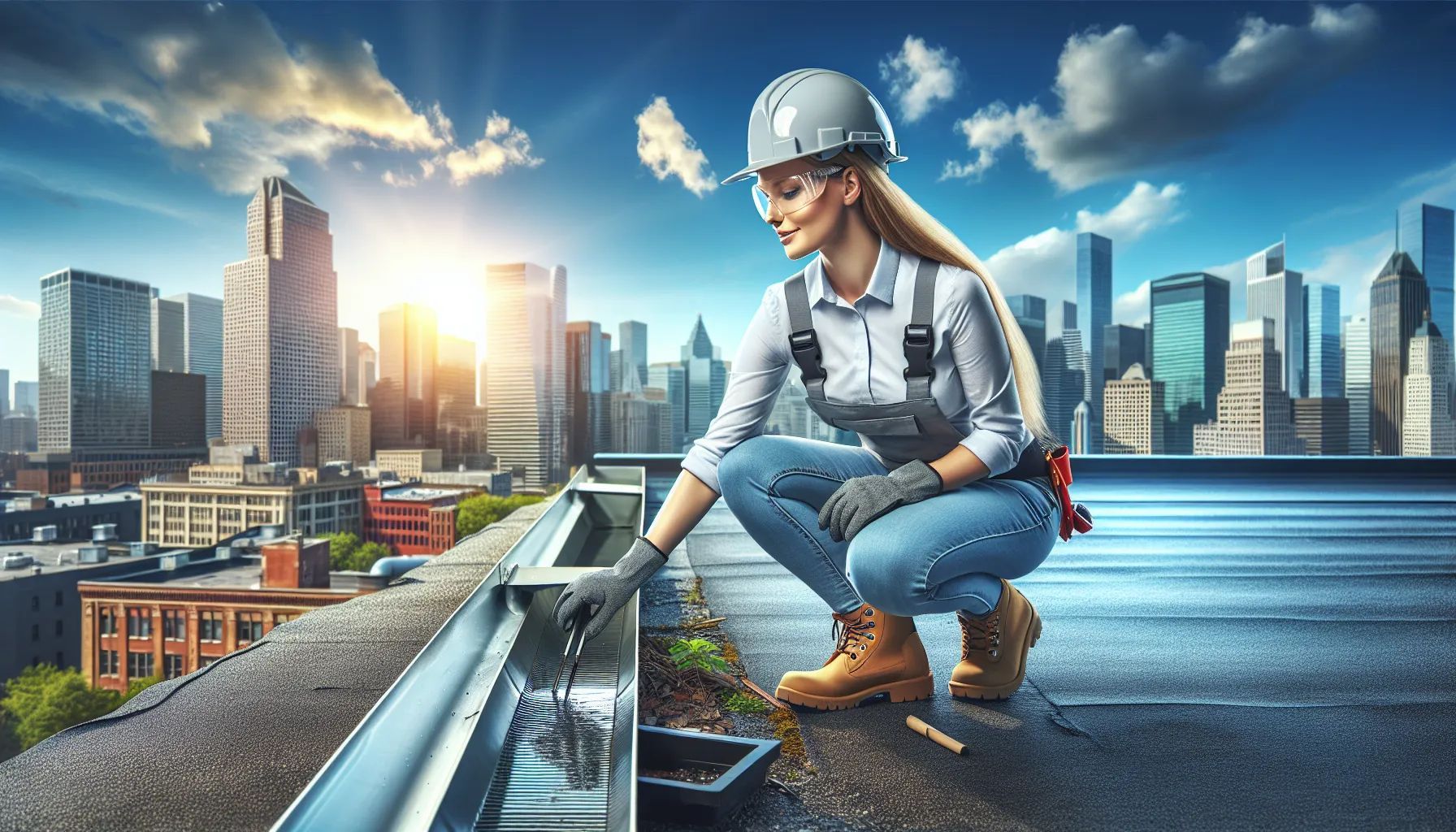 A woman is working on a gutter on the roof of a building.