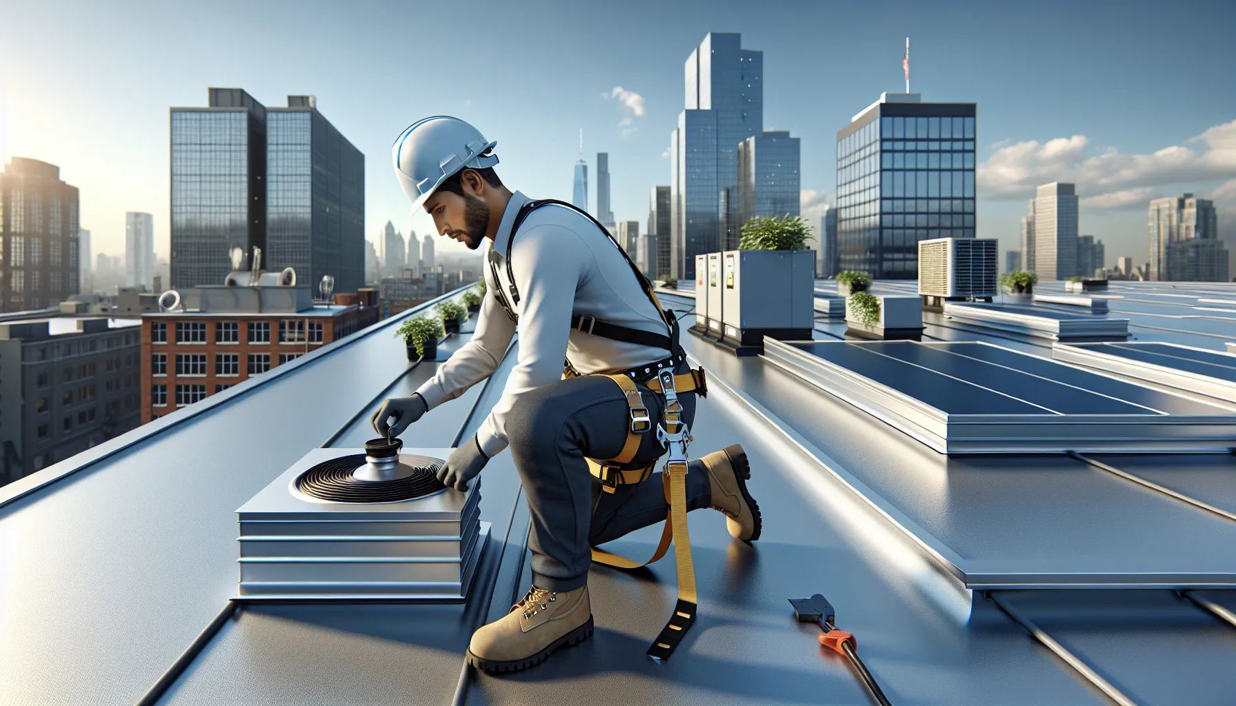 A man is working on the roof of a building.