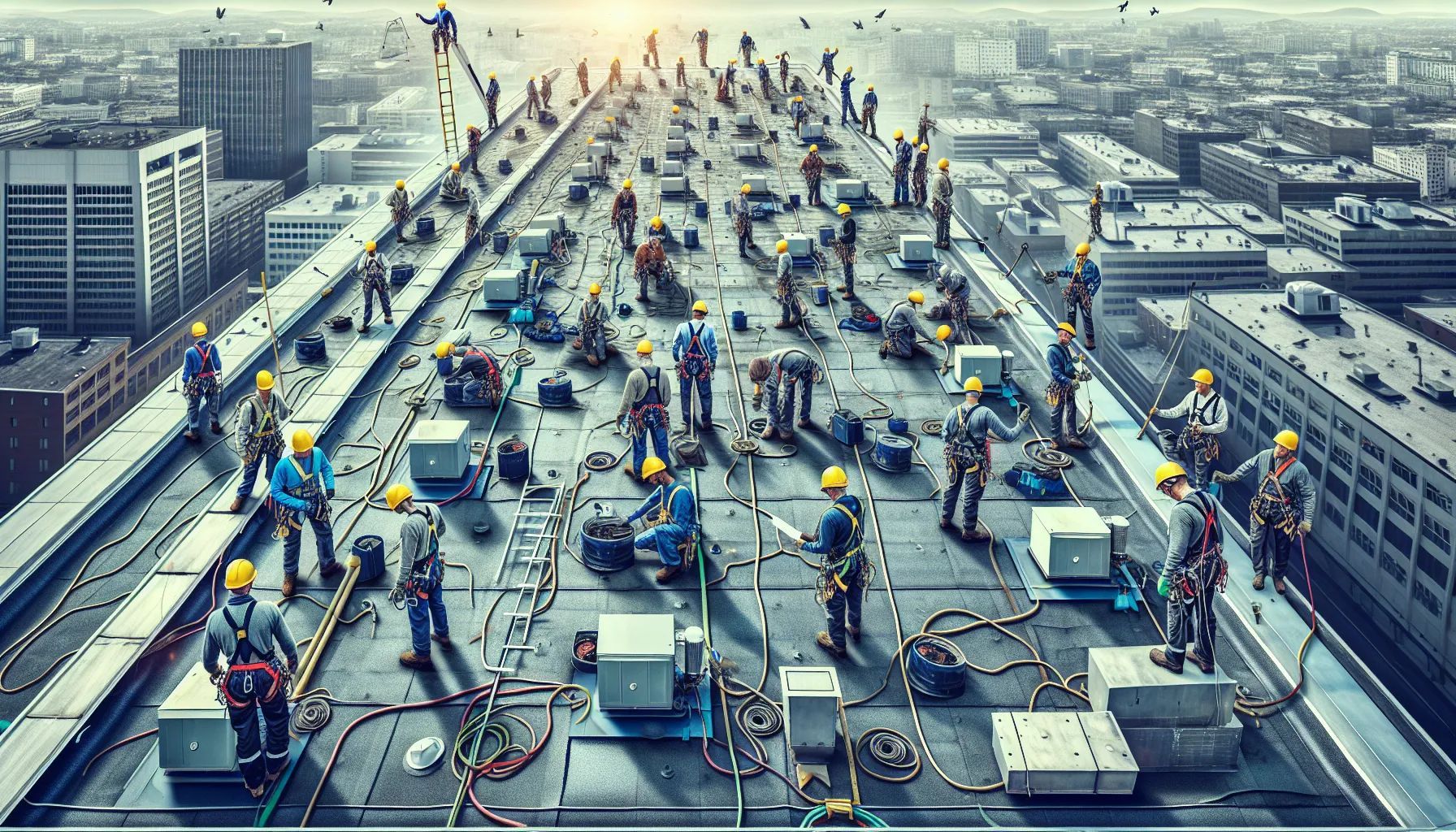 A group of construction workers are working on the roof of a building.