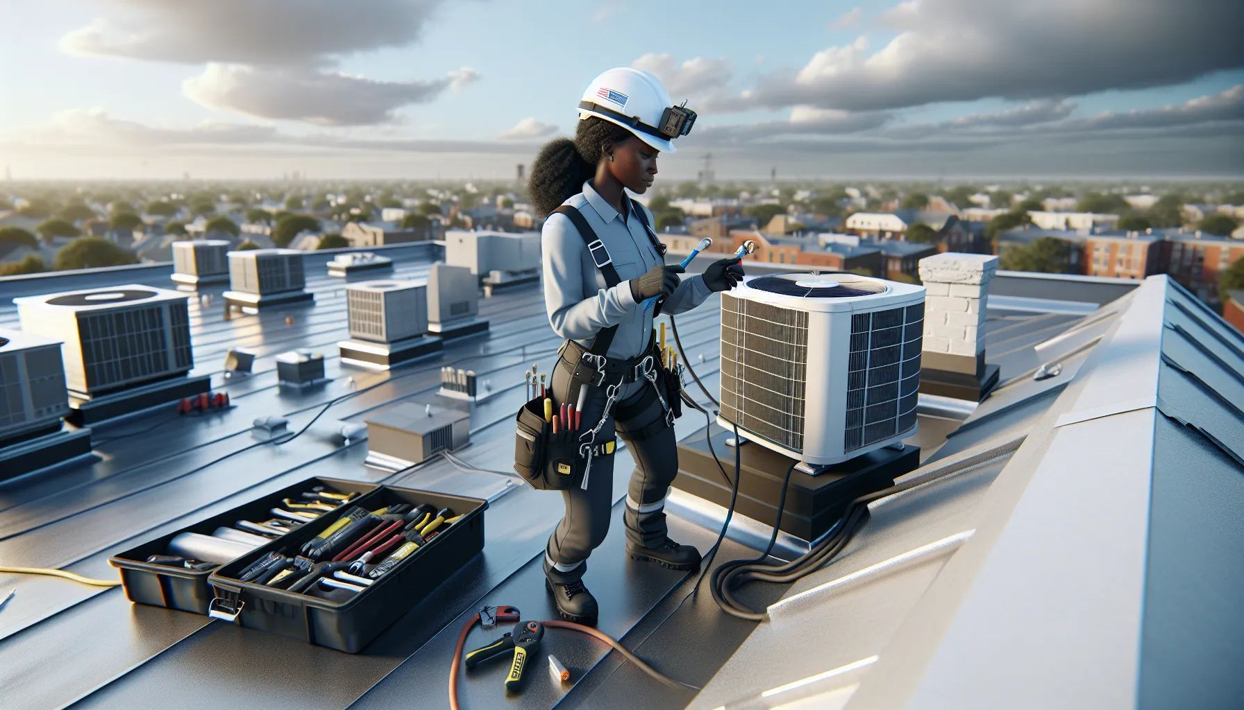 A woman is standing on top of a roof working on an air conditioner.