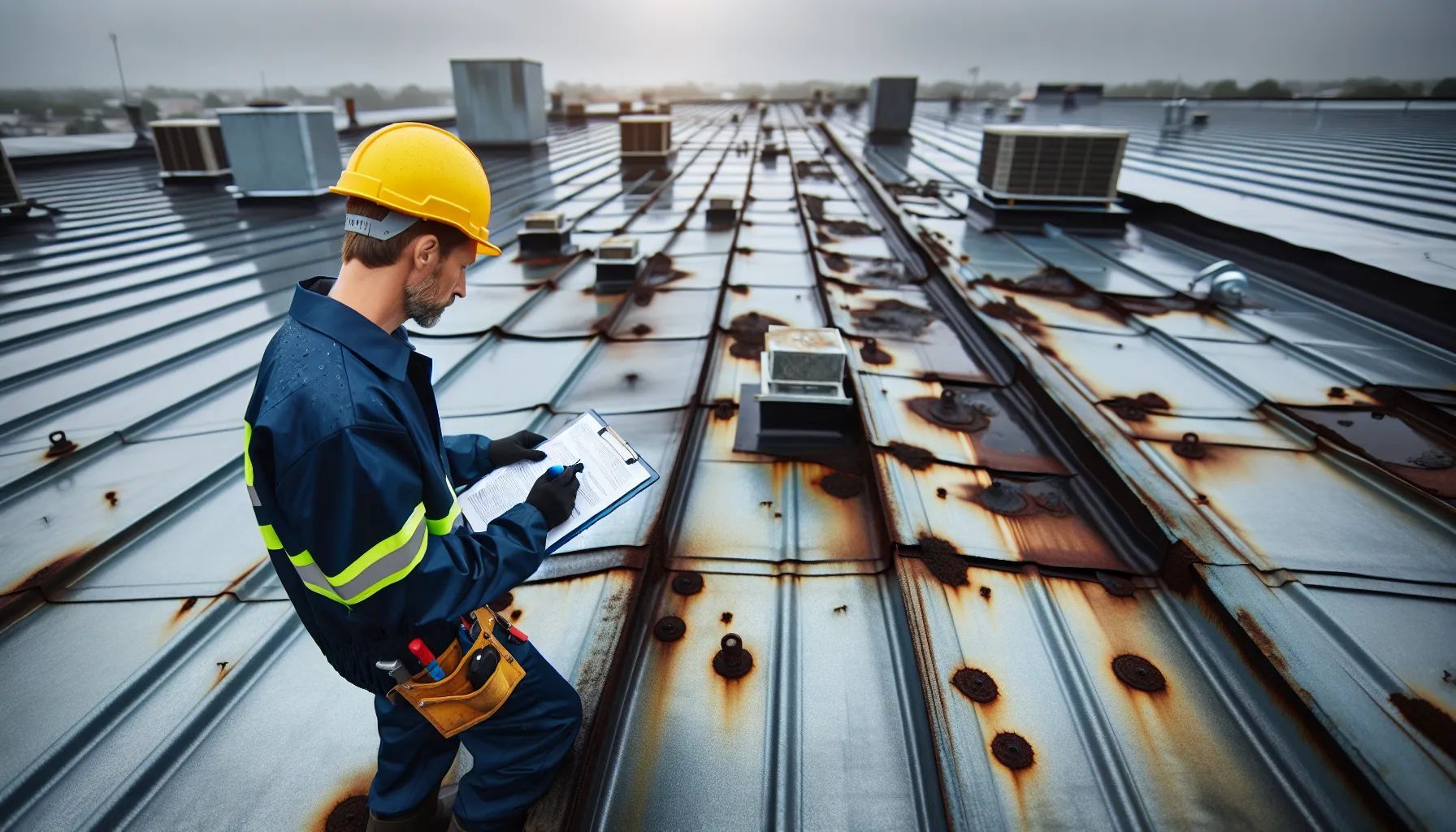 A worker in safety gear inspects a rusty metal roof, taking notes on a clipboard.