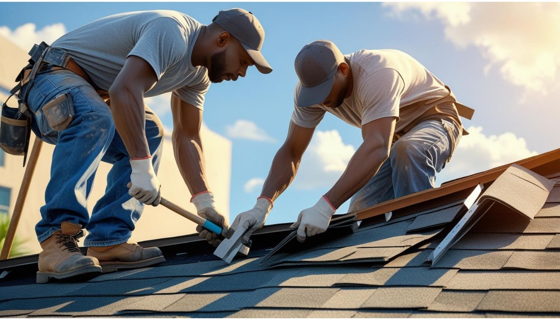 Two men are working on a roof with tools.