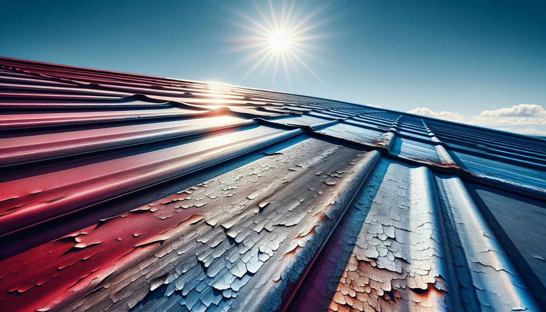 Sun shining on a weathered red, white, and blue metal roof, with peeling paint.